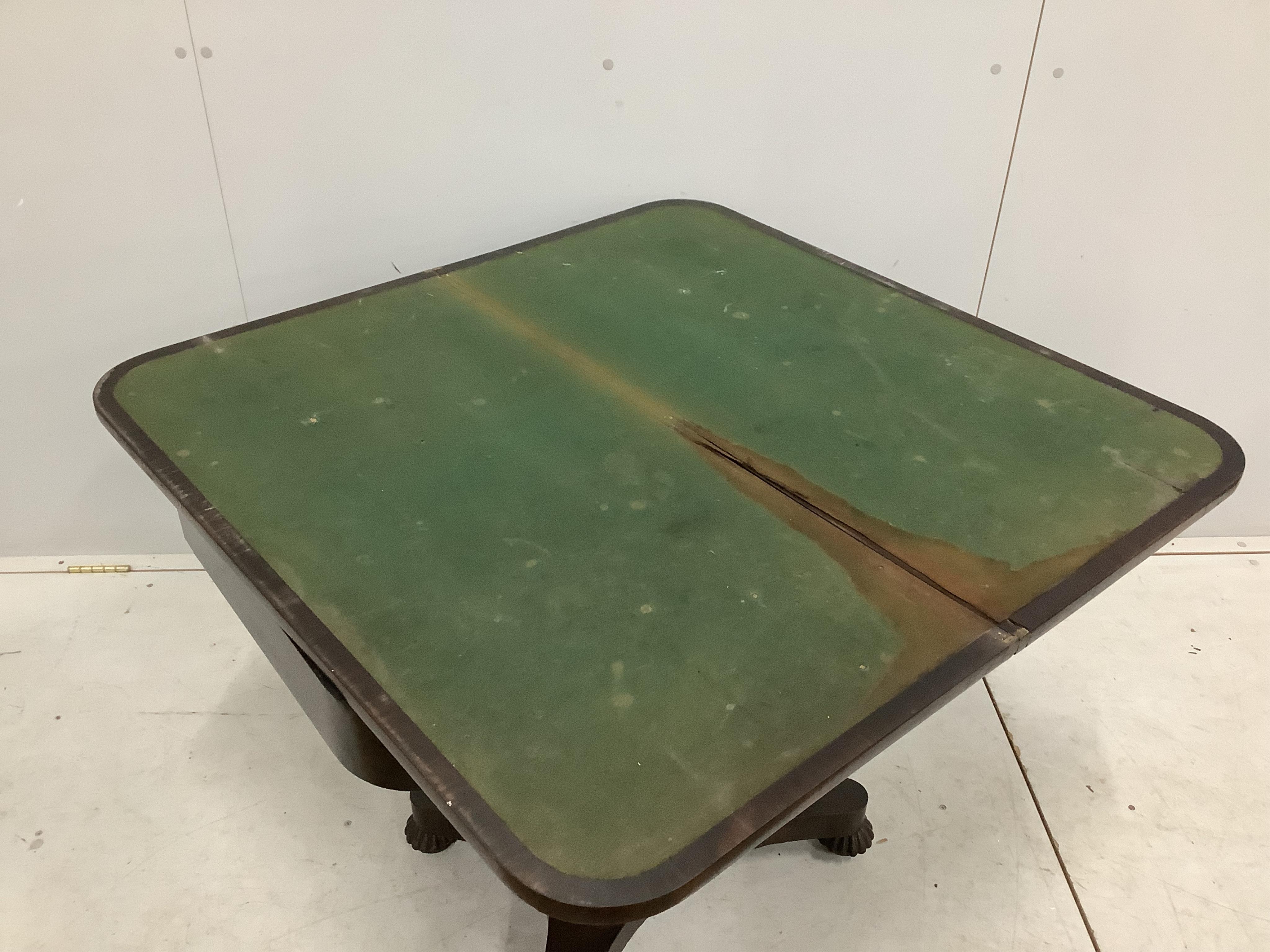 An early Victorian rosewood folding card table, width 91cm, depth 46cm, height 74cm. Condition - poor